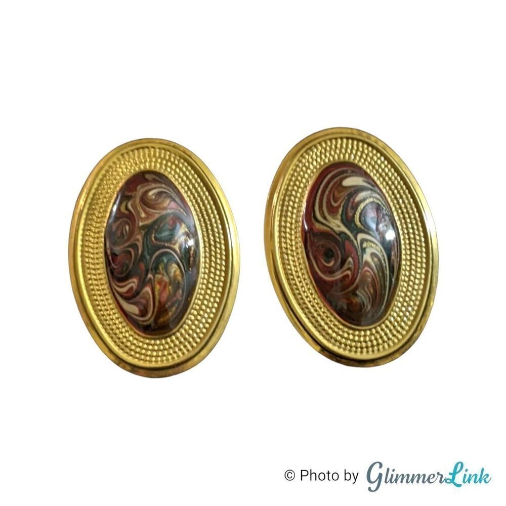 Vintage Oval Red & Cream Enamel Swirls Gold Tone Earrings